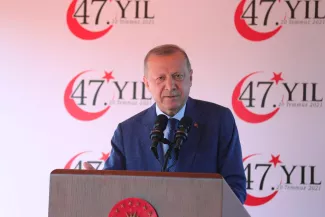 Le chef d'État turc, Recep Tayyip Erdogan, lors de sa visite à Chypre, dans la partie nord de l'île, le 20 juillet 2021, à Nicosie. PHOTO / MURAT CETINMUHURDAR / PRESIDENTIAL PRESS OFFICE/ Handout via REUTERS.


