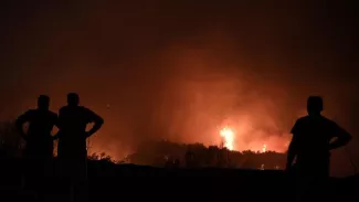 Après le mont Penteli la semaine dernière, c'est le mont Parnès, la deuxième des trois collines qui encadrent Athènes, qui était en feu mardi, répandant des cendres et des fumées sur la capitale grecque. LOUISA GOULIAMAKI / AFP


