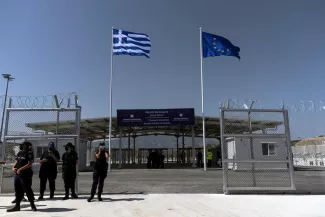 L'entrée d'un camp "fermé" de migrants, inauguré sur l'île de Samos, en Grèce, le 18 septembre 2021 .