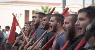 Manifestation, le 13 mai 2022 à Athènes, contre la présence de la police dans les universités. PHOTO NIKOLAS KOKOVLIS / NurPhoto via AFP


