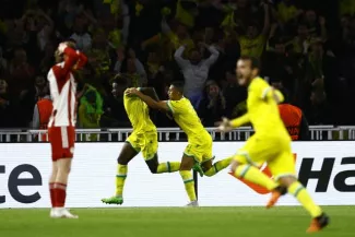 Mostafa Mohamed et Evann Guessand ont marqué les deux buts du succès nantais contre l'Olympiakos (2-1). (S. Mahe/Reuters)


