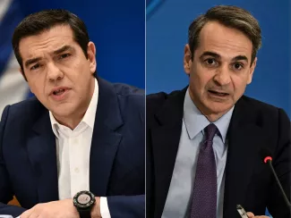 Alexis Tsipras, le chef de l'opposition grecque, et le Premier ministre Kyriakos Mitsotakis, lundi.


