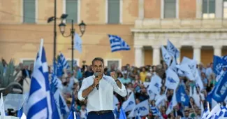 Kyriakos Mitsotakis, président du parti de droite grec Nouvelle Démocratie, est arrivé en tête des premiers résultats des législatives, ce dimanche 25 juin 2023.  © NICOLAS KOUTSOKOSTAS / NurPhoto / NurPhoto via AFP


