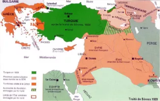 Carte de la répartition de l'Empire ottoman selon les termes du Traité de Sèvres, in G. Chaliand et J.-P. Rageau, Atlas des Européens, Fayard, 1989