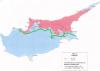 Une des cartes du premier Plan Annan pour la délimitation des zones de la future confédération chypriote. En vert la ligne de partage actuelle entre le Nord occupé et le Sud de Chypre